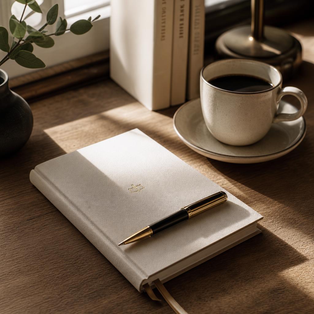 Writer's desk set up for a ghostwriting session, with coffee and notebook